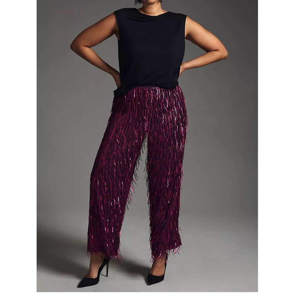 Anthropologie Maeve Fringed Sequined Wide-Leg Pants Plum Purple 20W Plus - Picture 3 of 13